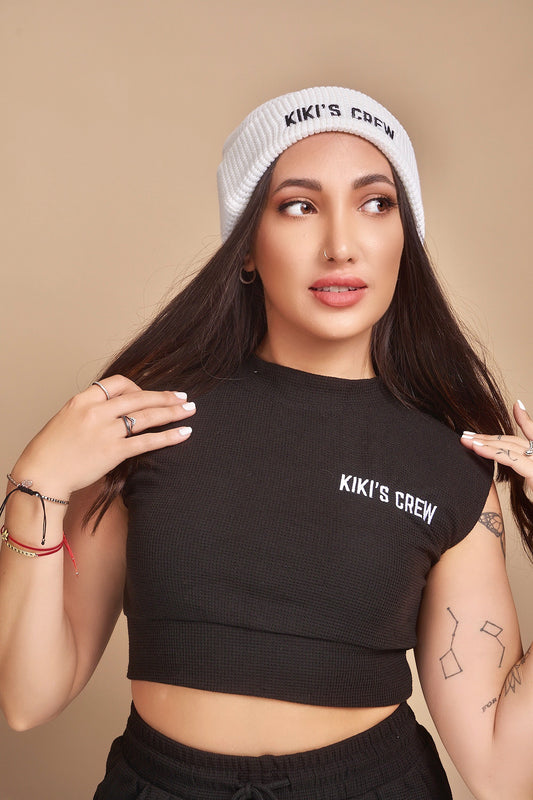 Model 1 wearing Kiki's Crew White Beanie along with Kiki's Crew Boxing Set size small. Beanies are one size fits all  and are unisex