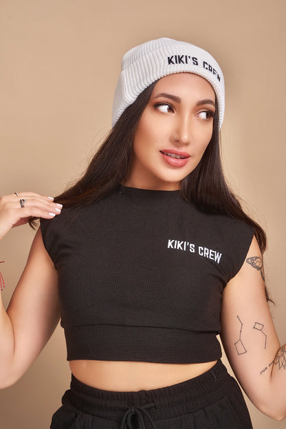 Model 1 wearing Kiki's Crew White Beanie along with Kiki's Crew Boxing Set size small. Beanies are one size fits all  and are unisex